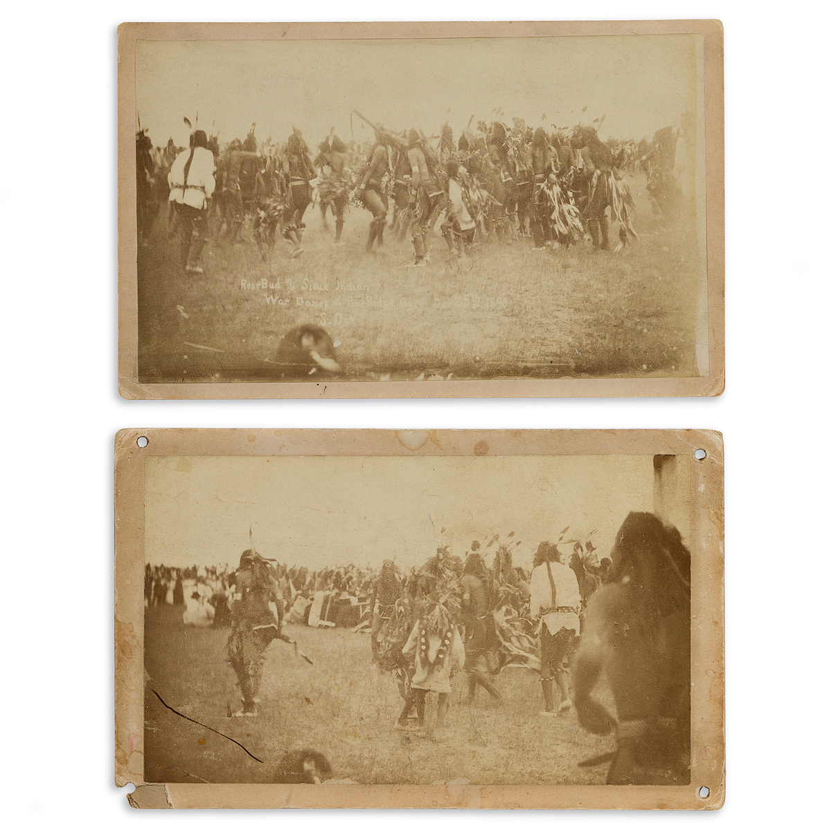 (AMERICAN INDIANS--PHOTOGRAPHS.) [George E. Trager]. Pair of promenade cards of the Ghost Dance at Pine Ridge.